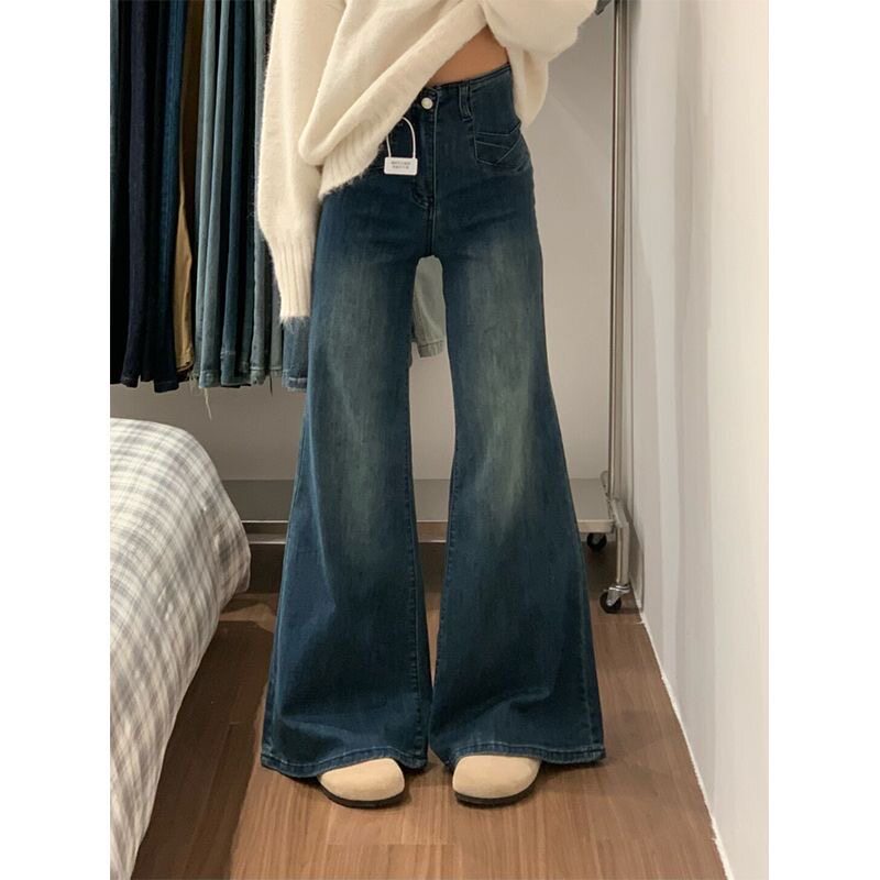 小个子美式高街阔腿微喇牛仔裤女设计感高腰弹力马蹄喇叭长裤