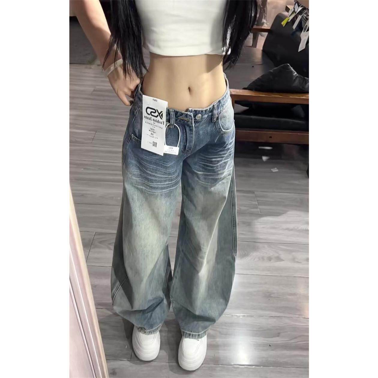 小个子美式复古水洗做旧阔腿弯刀牛仔裤女低腰宽松直筒拖地裤