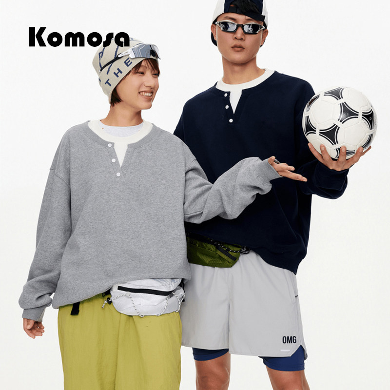 Komosa假俩件撞色亨利领卫衣女款2026新款春季休闲宽松情侣上衣男