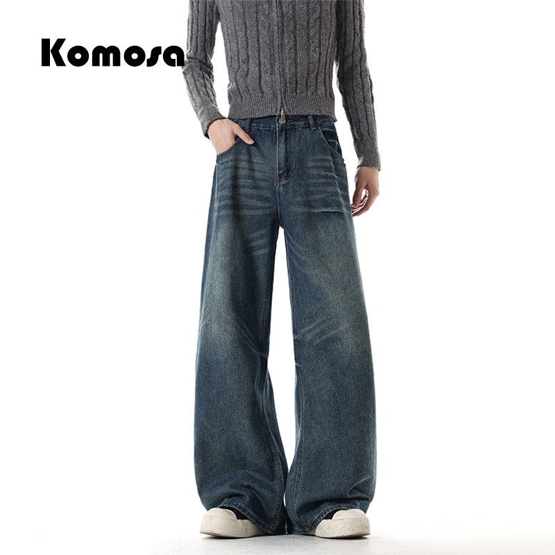 Komosa复古美式阔腿牛仔裤男女宽松春秋2026新款垂感直筒拖地裤子