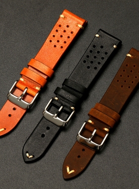 手工透气防汗真皮表带18 19 20 21 22MM黑色适配DW头层牛皮表链