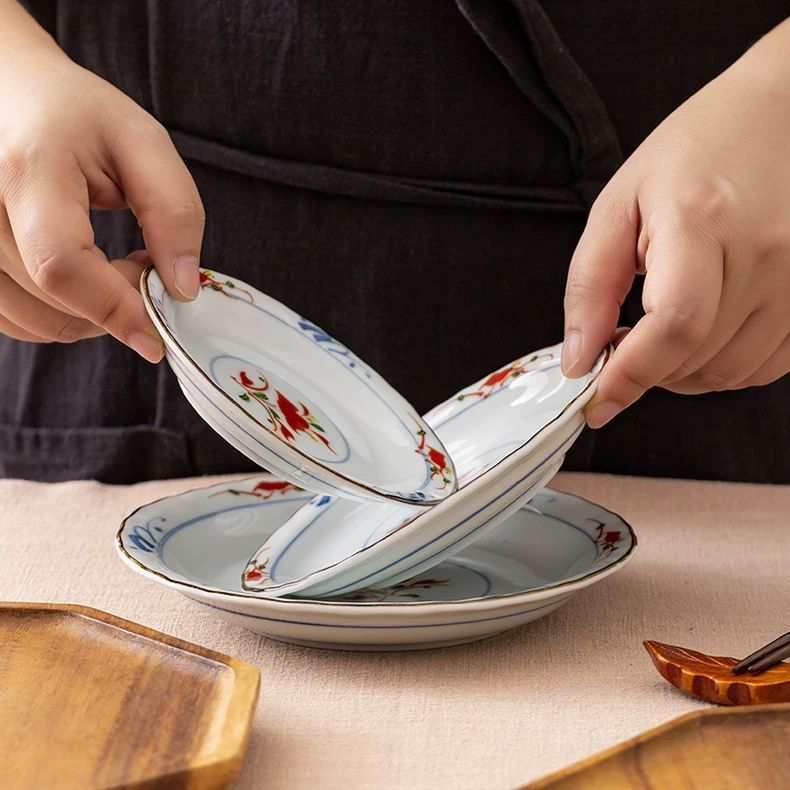 日本进口陶瓷盘子古染赤绘平盘