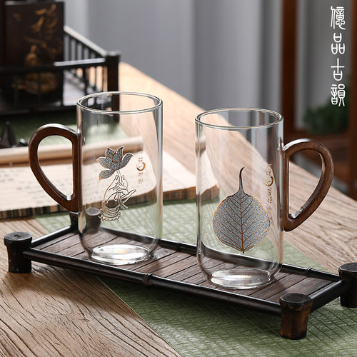 高档木把中式茶杯对杯个人加厚玻璃绿茶杯花茶泡茶杯办公室大容量