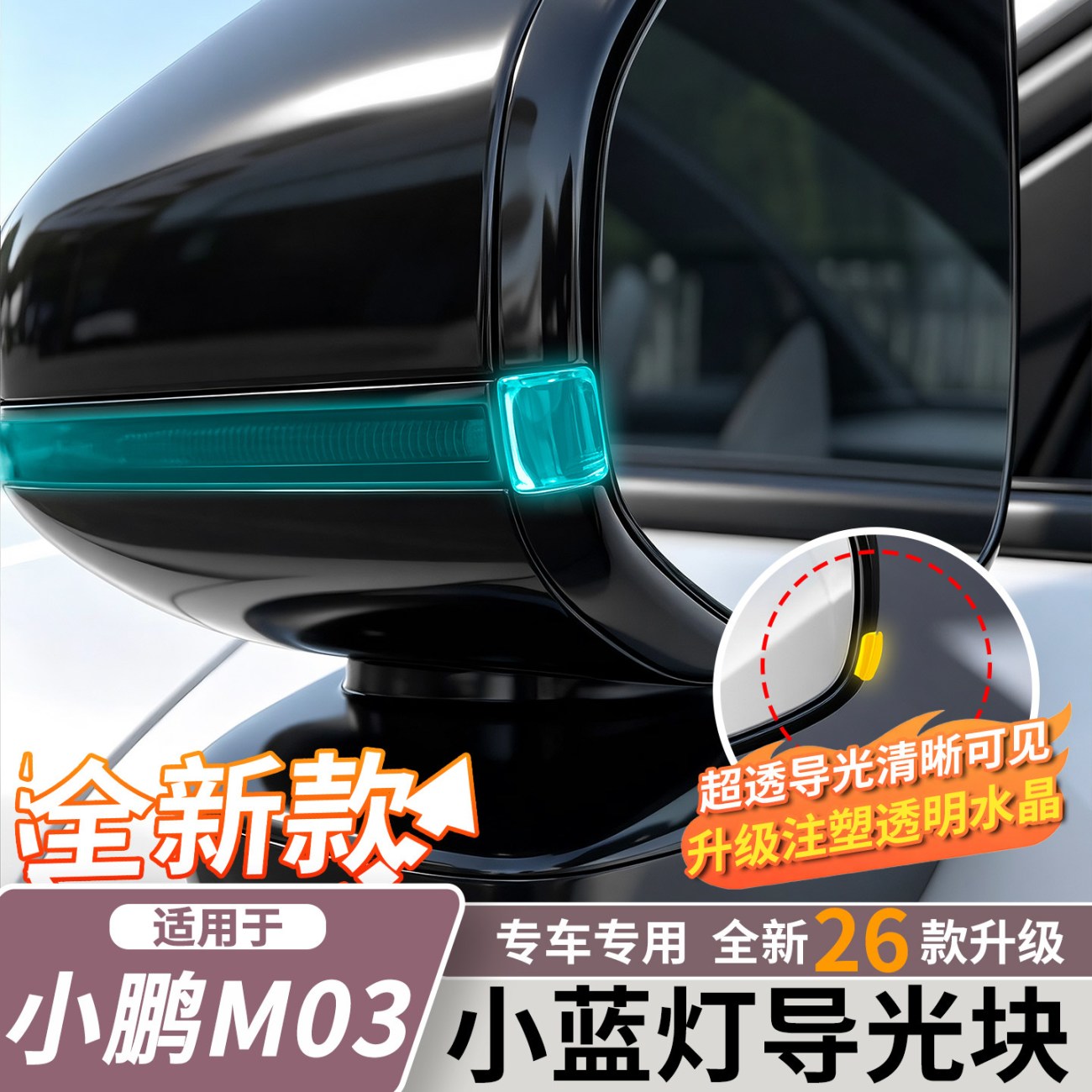 适用26款小鹏M03小蓝灯导光块片后视镜智驾提示灯外观装饰车配件.图片