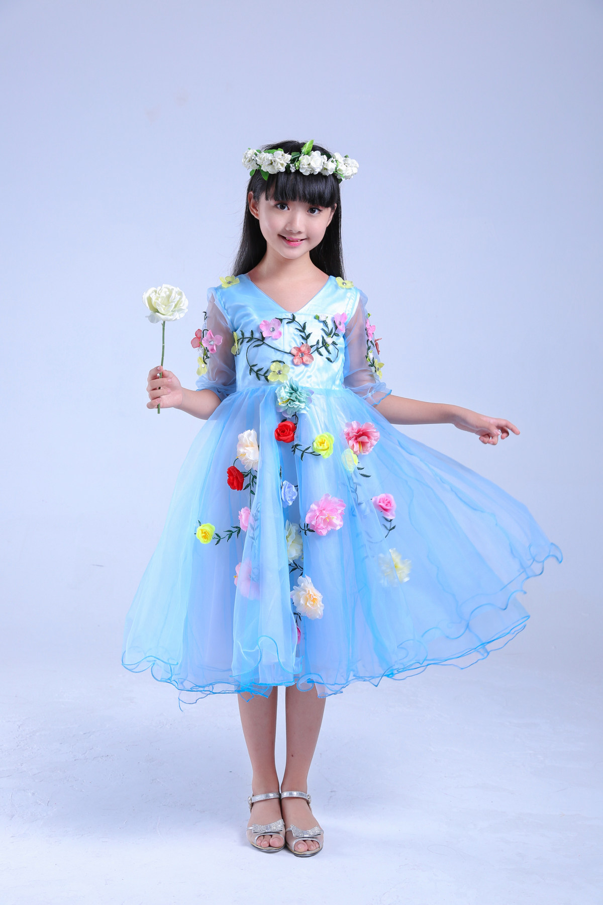 女童花仙子蓬蓬裙儿童婚纱礼服公主仙女裙幼儿钢琴演出服蓝色长款