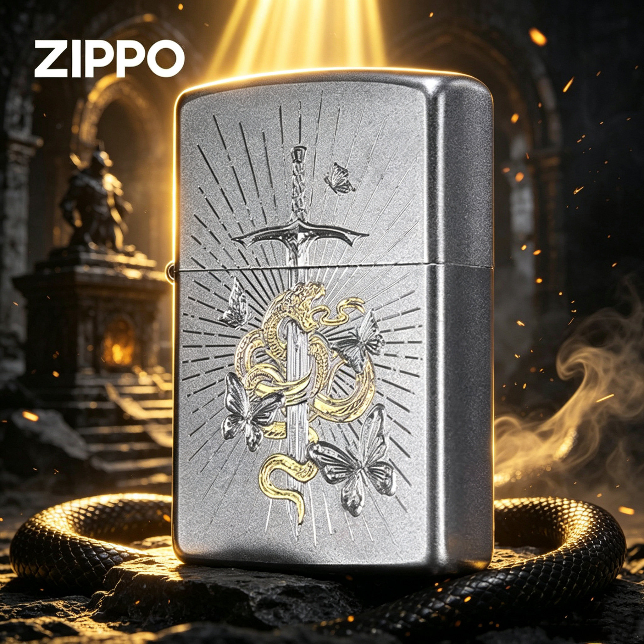 zippo打火机正品 蛇灵剑蝶深雕防风煤油情人节礼物生日礼盒送男友