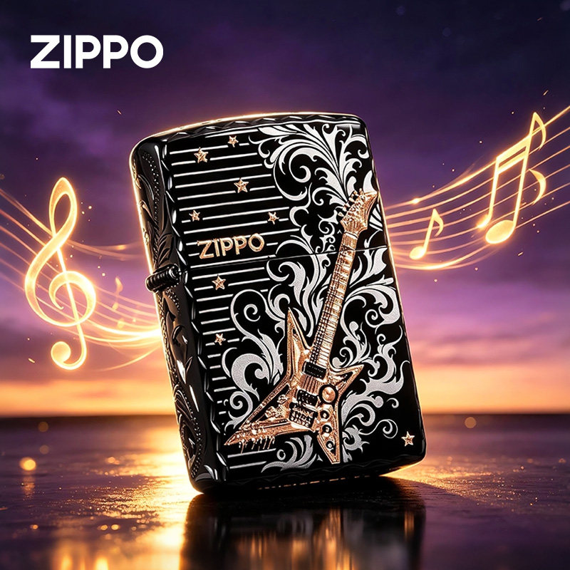 zippo打火机正品 金弦夜曲吉他 黑曜冰侧面精雕祥云花纹正版之宝