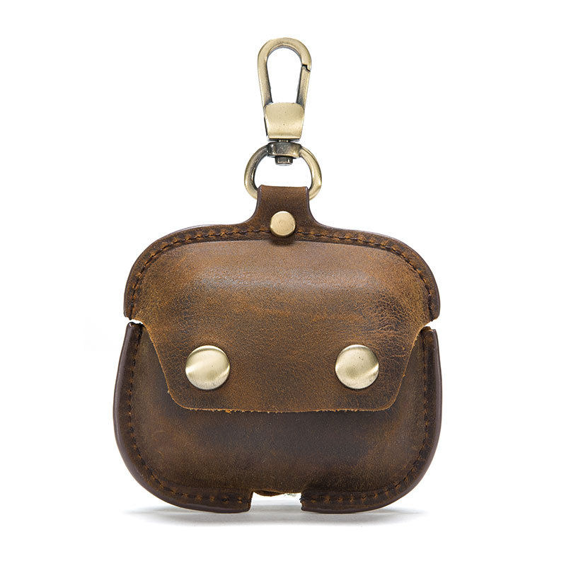 Airpods4蓝牙耳机皮套保护套Airpods pro1代2代三代四代疯马皮牛仔复古风格真皮牛皮软皮铁扣钥匙挂扣真皮质