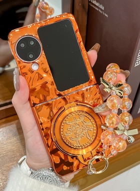 新中式橙色电镀皱褶旋转发财支架适用OPPOFindN3Flip手机壳全包n2flip防摔保护套小米mixFlip折叠屏个性vflip