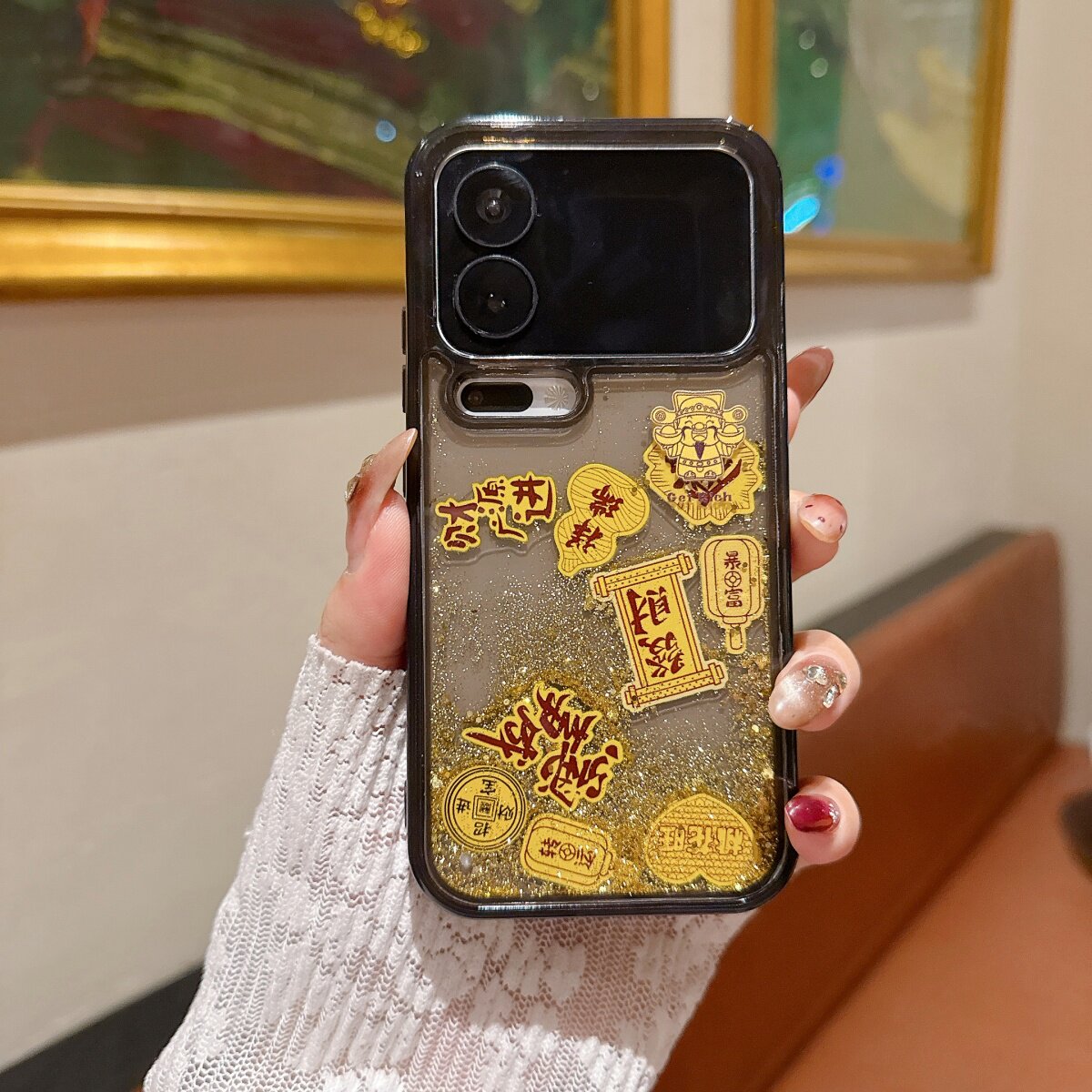 透黑金箔财神爷滑块适用小米17promax保护套手机壳闪粉流沙17PRO全包防摔xiaomi17苹果16pro女iPhone15ProMax