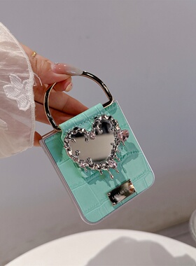 ins鳄鱼纹大D扣爱心镜子适用zflip5/6/7折叠翻盖手机壳OPPOFindN3Flip保护套防摔vivo全包个性摩托罗拉razr60