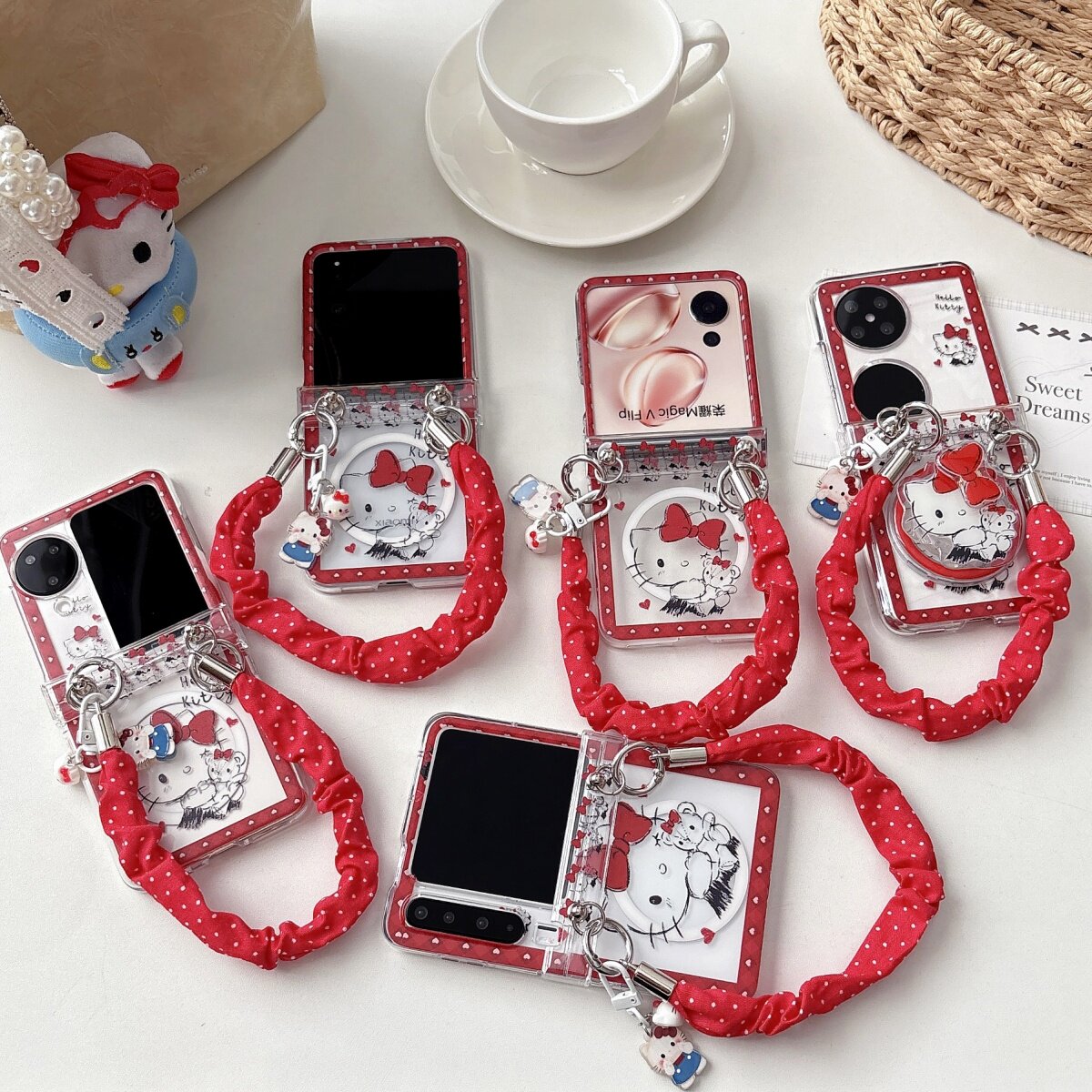 手拎绳波点抱熊kt猫MagSafe磁吸支架适用华为PuraX手机壳新款小米mixflip2折叠屏pocket2中轴保护荣耀vflip女