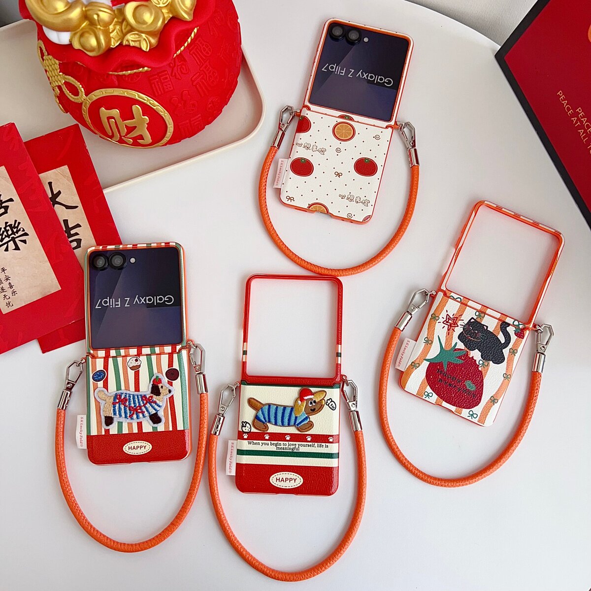 皮质侧边扣橙色心想事橙适用三星zflip7/6/5手机壳保护套小米mixflip2折叠屏全包防摔活力橙荣耀magicvflip女