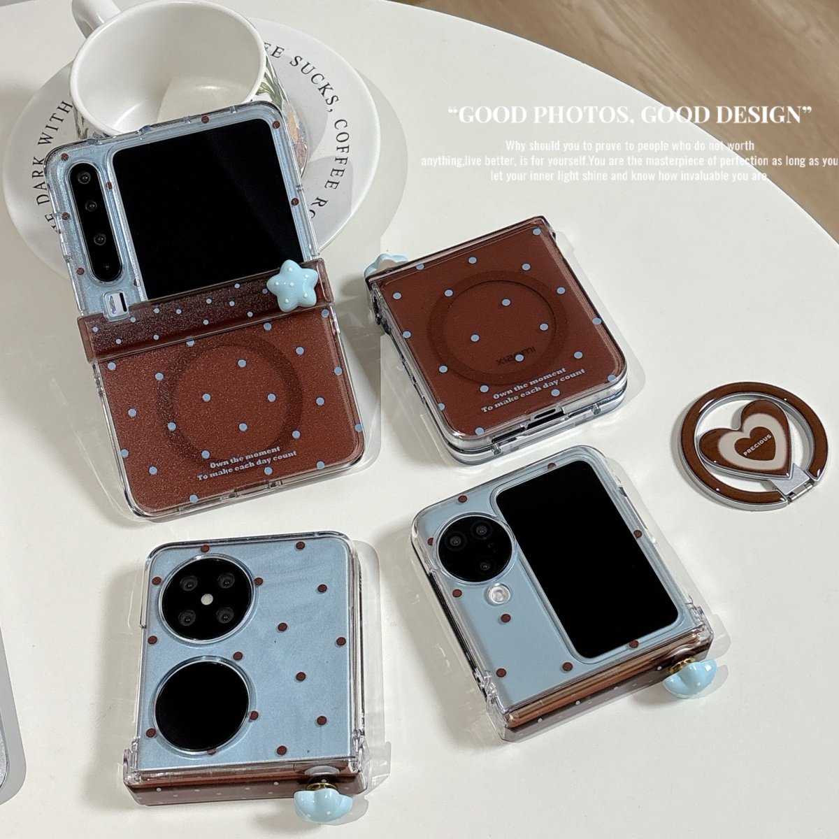 ins棕色拼蓝波点爱心磁吸支架适用华为purax手机壳pocket2折叠屏荣耀vflip全包防摔小米mixflip2三星zflip7/6