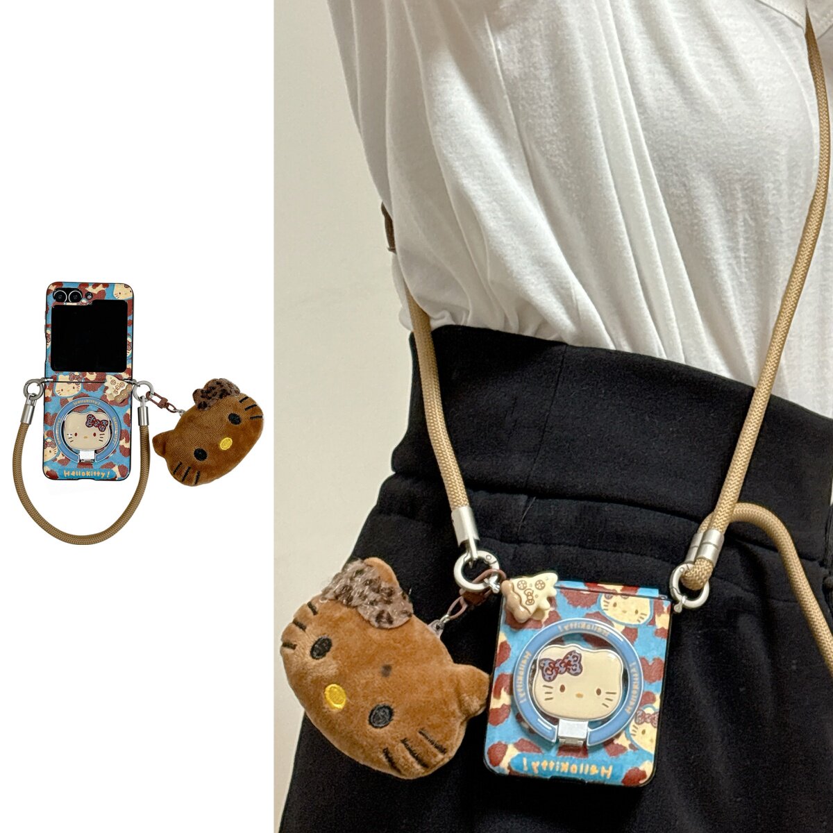 卡通复古蓝色豹纹Kitty适用三星ZFlip7/6/5手机壳全包折叠屏OPPOfindn3flip护轴保护套小米Flip荣耀vflip防摔