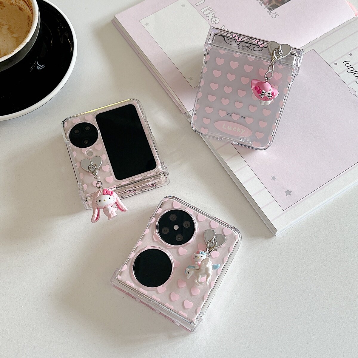 粉爱心kitty猫美乐蒂小挂件适用三星ZFlip6手机壳折叠屏zflip5保护套w24flip全包防摔n3flip铰链小米mixflip
