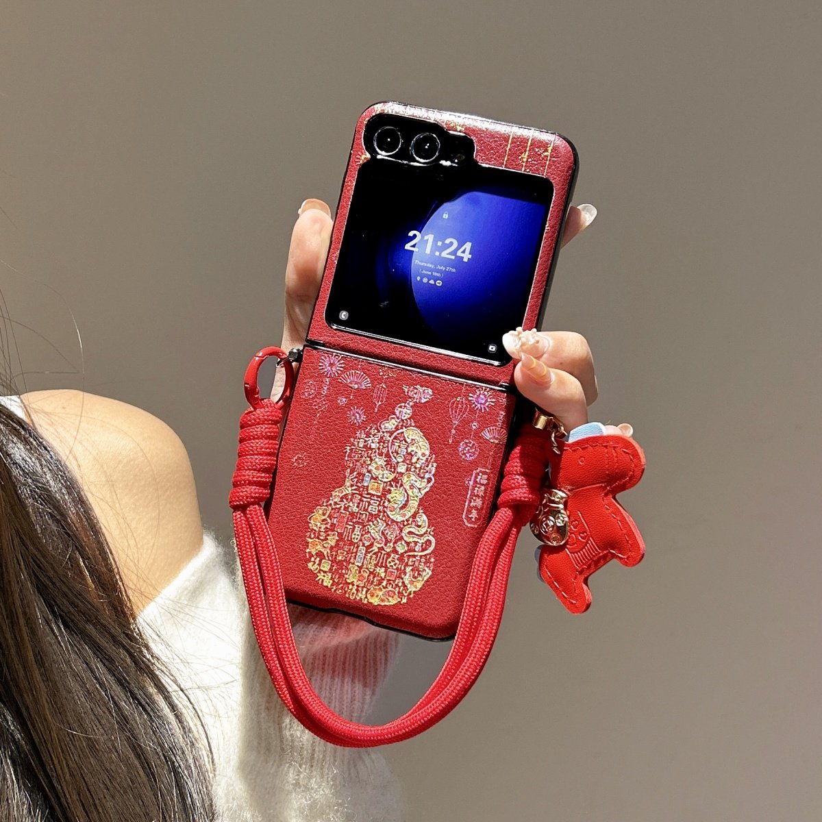 新年中国红烟花葫芦挂绳适用三星zflip7/6/5手机壳防摔w24flip保护套小米xflip折叠屏n3flip摩托罗拉Razr60u,3C数码配件,手机保护套/壳,淘宝优惠券,粉丝福利购,淘宝优惠卷