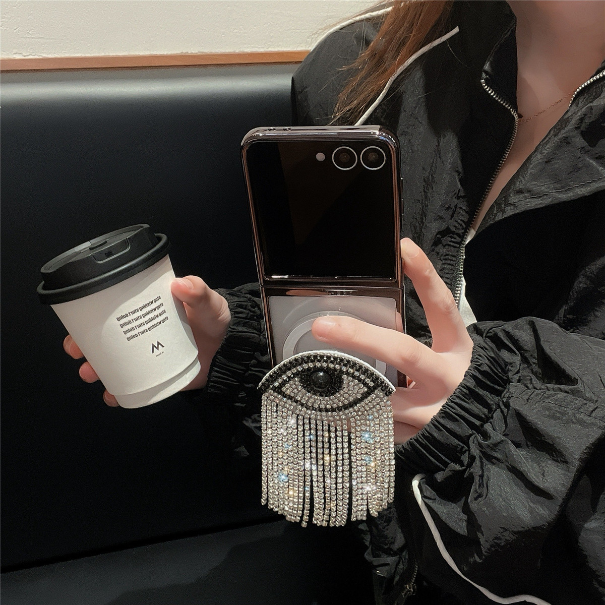 二合一钻石眼睛支架适用三星GalaxyZFlip5折叠屏保护套zflip6磁吸手机壳w24flip全包防摔透明手链ZFlip5个性