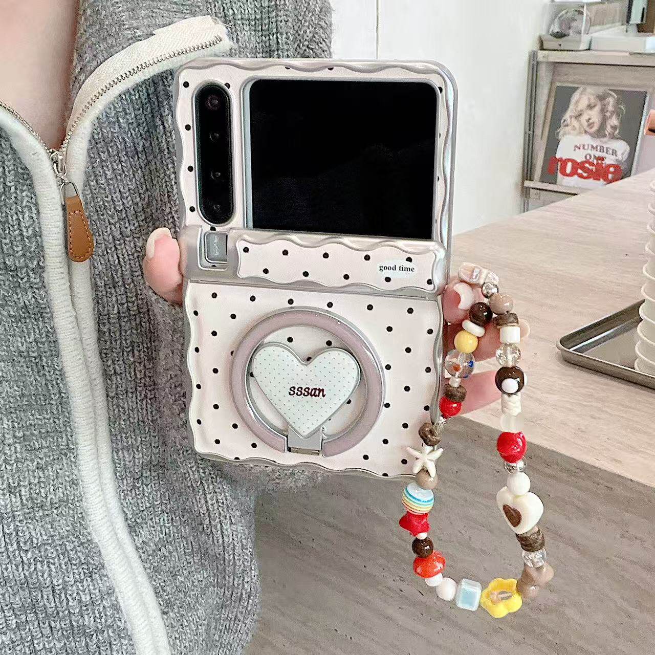 ins风简约米白色波点爱心支架磁吸护中轴铰链适用华为purax手机壳折叠屏Pura X典藏翻盖保护套全包防摔链条女