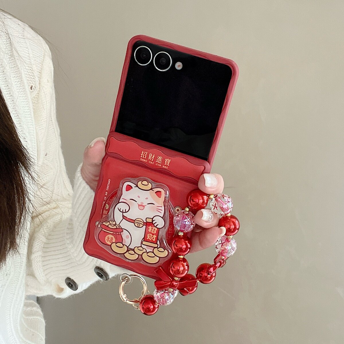 贴皮鼓包红色招财猫磁吸支架适用三星GalaxyZFlip7手机壳