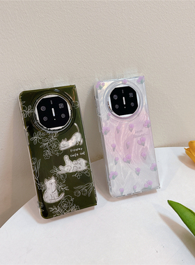 双层羽纱纹绿色猫咪适用于华为matex5折叠屏手机壳保护套matex3新款典藏版x5翻盖全包Mate X5卡通外壳ins女款