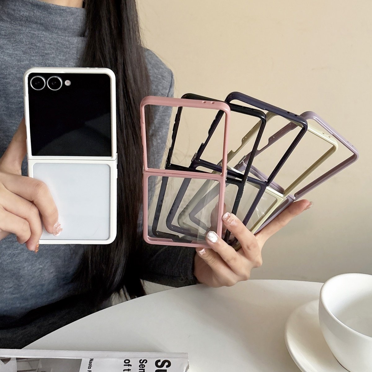 ins简约奶油色撞色边框适用三星zflip7/6/5/4手机壳保护套华为nova Flips折叠屏荣耀magicvflip2潮OPPON3Flip