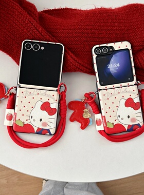 红色新年波点kitty猫小马挂绳适用三星zflip7/6/5手机壳保护套w24flip摩托罗拉razr60u折叠屏oppon23flip皮质