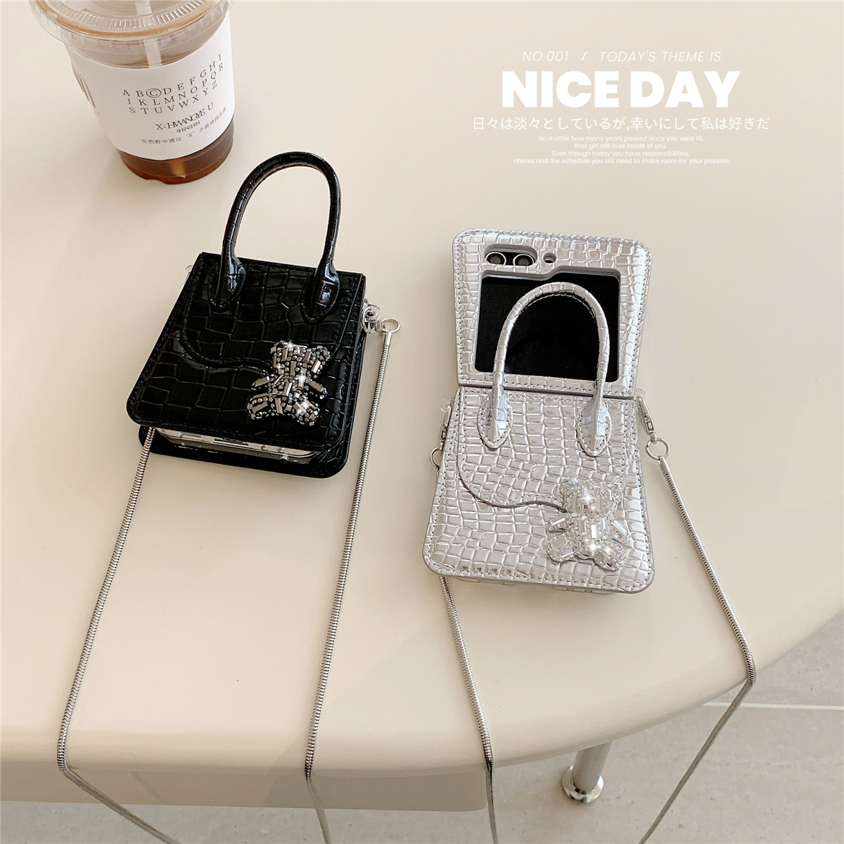 皮质鳄鱼纹闪钻小熊手提包适用三星GalaxyZFlip6折叠屏保护套zflip5手机壳w24flip全包Flip4/3官方同款宠粉包