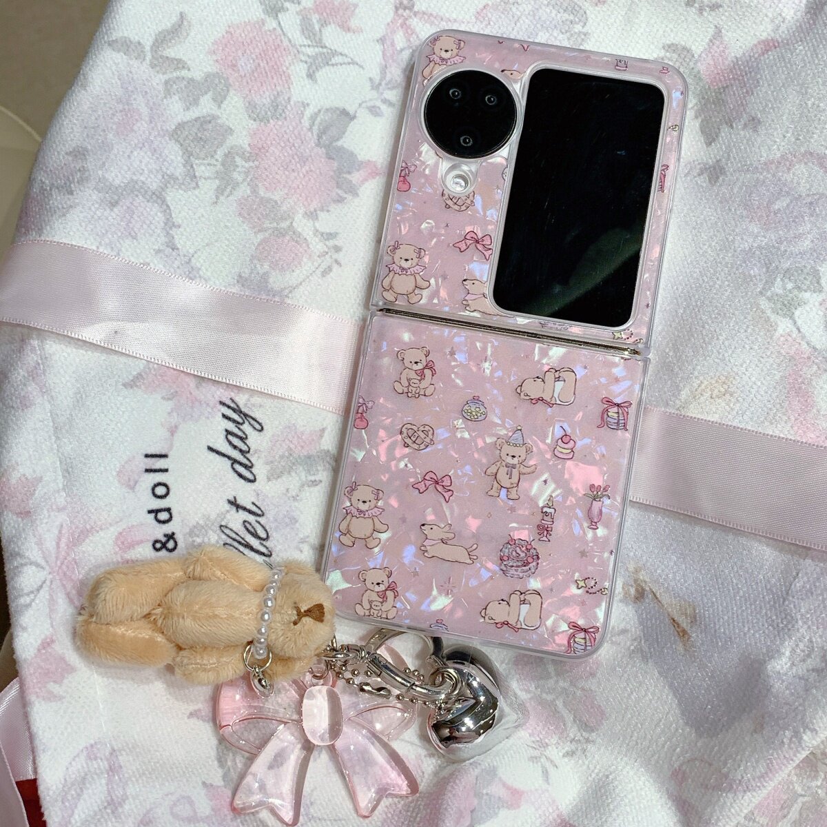 时尚贝壳纹粉底小熊适用oppofindn3flip手机壳全包oppo折叠屏网红壳N2Flip翻盖防摔保护套vivoXFlip小米xflip