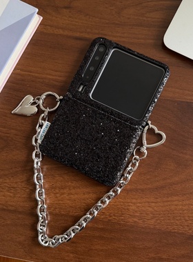 黑色闪粉亮片铁链条适用华为purax保护套pocket2折叠手机壳小米mixflip防摔荣耀vflip2新款翻盖n3f三星zflip7