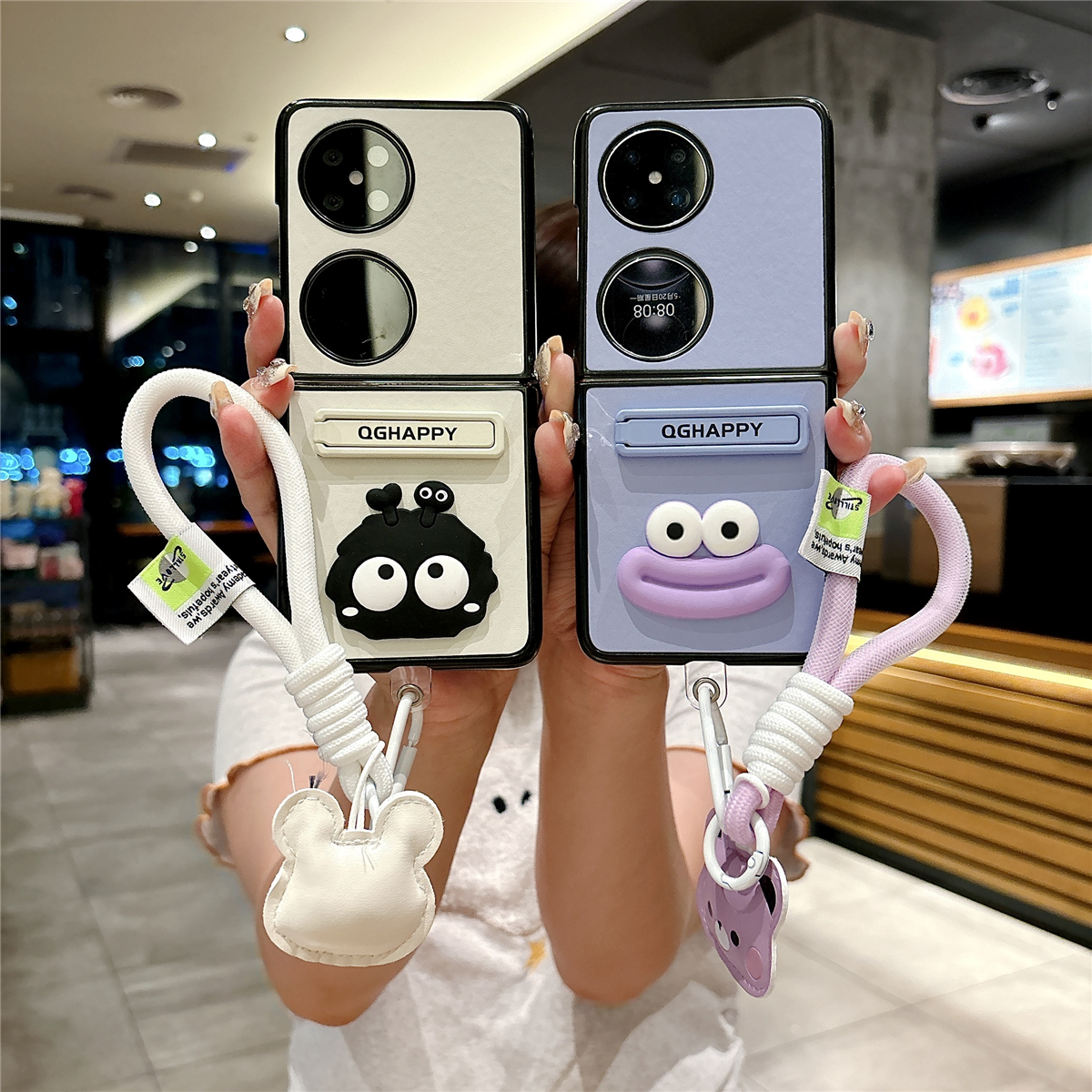 皮质支架小煤球适用华为p50pocket折叠屏手机壳pocket s全包防摔新款pocket 2翻盖保护套带挂绳网红壳可爱ins