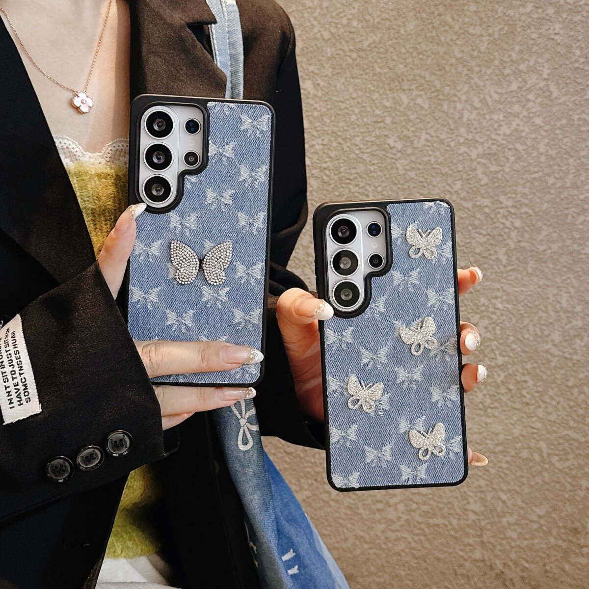 ins轻奢牛仔布蝴蝶闪钻适用韩国三星Galaxy S26Ultra手机壳保护套s25ultra全包防摔s23/s24Plus男女款s26plus