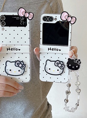 ins黑波点立体蝴蝶结kt猫适用三星ZFlip5/6手机壳保护套zflip3/4折叠屏w24flip全包防摔卡通女款小米mi xflip