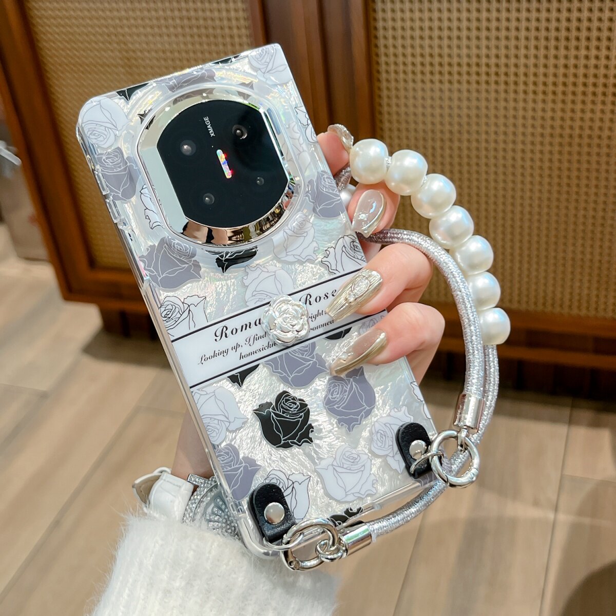 ins简约玫瑰锡纸纹山茶花珍珠手提绳适用华为Mate X7手机壳保护套matex6典藏版x5翻盖折叠屏X3全包防摔matex7