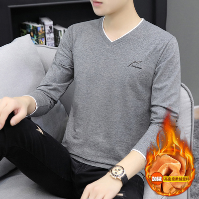 男士长袖v领t恤纯棉打底衫加绒