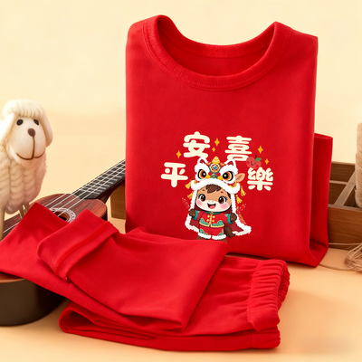 儿童德绒红色保暖内衣套装男女童