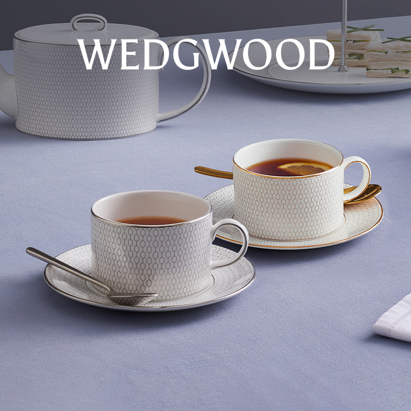 WEDGWOOD白金&金色几何2杯2碟欧式骨瓷咖啡具茶具礼盒礼物