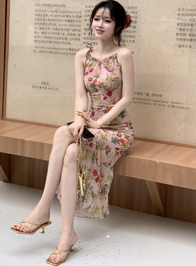 KE QIN克谦明媚女孩莫奈的花园少女温柔度假不规则仙女吊带连衣裙