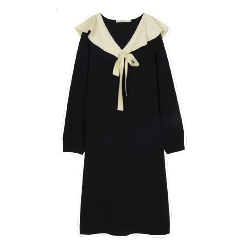 【小四专享】新款法式宽松荷叶领针织小黑裙5799#