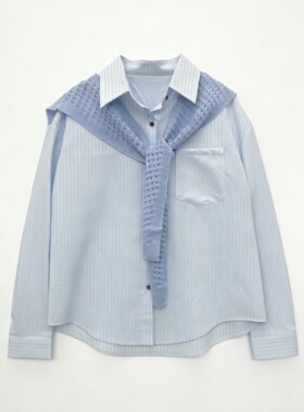 【书婷专享】天蓝色针织镂空披肩春夏时尚衬衫两件套1605