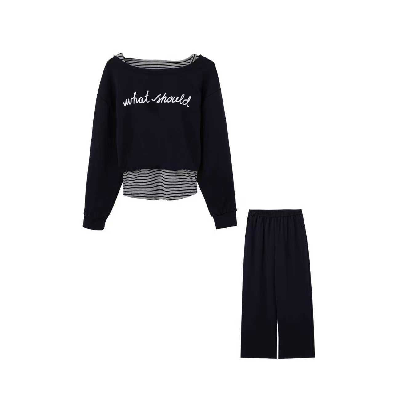 【小四专享】条纹假两件露肩卫衣宽松阔腿裤两件套9838#