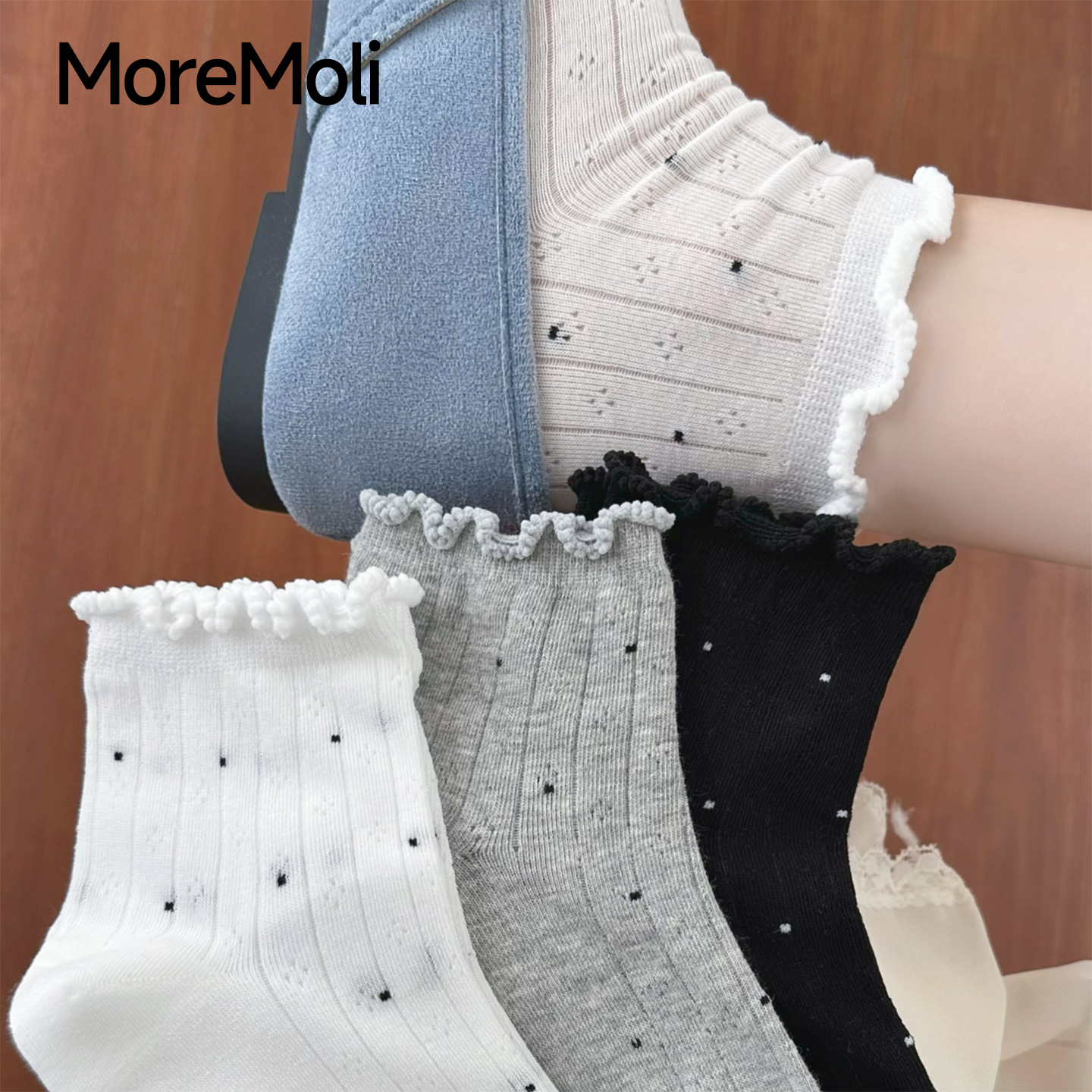 moremoli女夏薄款波点袜木耳边袜