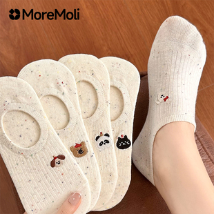 白色袜子女船袜春夏季 浅口隐形袜防滑抑菌不掉跟卡通刺绣短袜 薄款