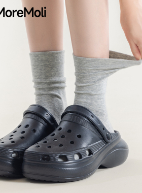 灰色袜子女夏薄款纯色棉无骨中筒袜春夏季月子白袜配洞洞鞋堆堆袜