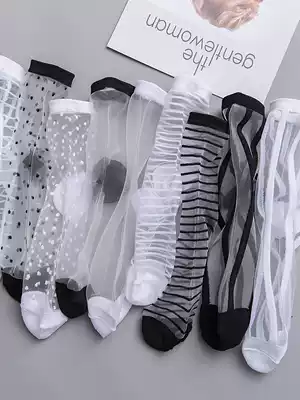 Transparent socks children's middle tube Korean glass silk ins tide Crystal stockings summer thin summer mesh stripe stockings
