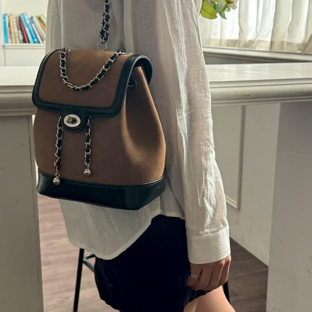 韩国小众迷你反绒牛皮小香风链条双肩包女ins博主手提旅行小背包