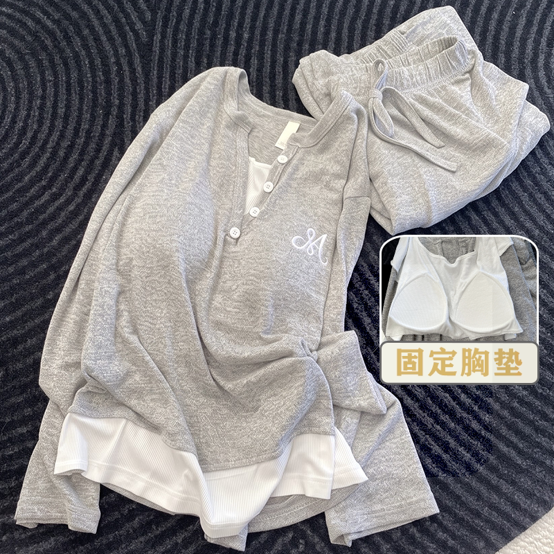 带胸垫彩棉可外穿长袖家居服套装