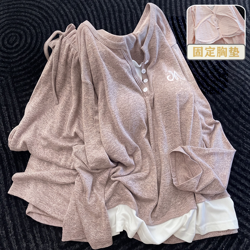 带胸垫睡衣长袖女款春秋季美拉德彩棉色织休闲风假两件家居服套装