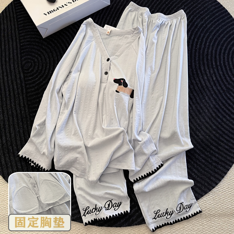 春秋女针织棉刺绣带胸垫睡衣套装