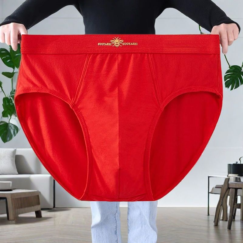 本命年男士纯棉内裤男中年高腰三角裤加肥加大码大红色红短裤新年